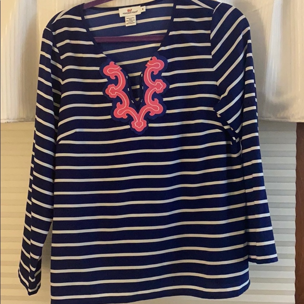Vineyard Vines Navy and White Striped Blouse with Pink Accents